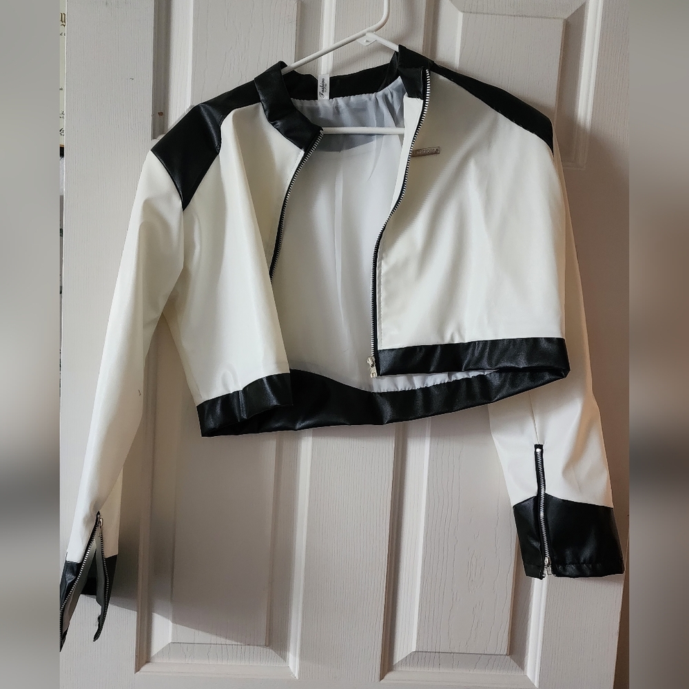 Racer Style Black White Women's PU Crop Jacket